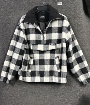 Hurley Jacket Mens Medium Black White Buffalo Plaid Sherpa Collar Pullover